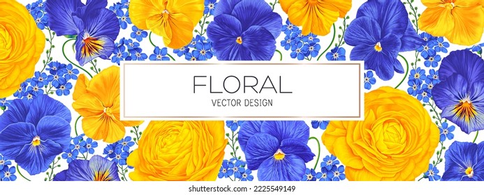 Spring floral vector background design for sales banner, poster with flowers of buttercups, pansies, forget-me-not. Realistic style, hand-drawn, vector yellow and blue flowers.Cover for a banner ad 