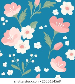 Spring Floral Vector Background with Leaves and Petals. Seamless Floral Pattern with Pink Flowers on Blue Background