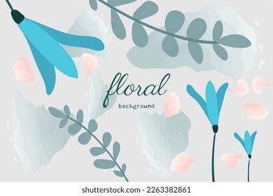 Frühlingsblume, Vektorhintergrund. Luxuriöses Tapete-Design mit zarten Blumen, Glocken, Blättern und Flecken. Minimalistische blaue botanische Illustration, geeignet für Stoff, Drucke, Deckkunst.