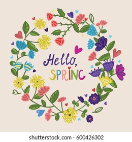 Spring floral vector colorful light background with wreath of flowers, hearts and drops in cartoon style