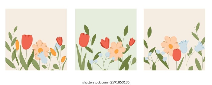 Spring floral vector flower card. Happy mother day bouquet with garden leaves and elegant frame. Summer decoration with abstract bloom pattern. Modern greeting banner template for feminine gift poster