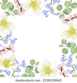 Spring floral vector frame for wedding invitations, banners, or greeting cards. Features white anemones, blue sweet pea flowers, pink berries, and eucalyptus. Ideal for festive events.