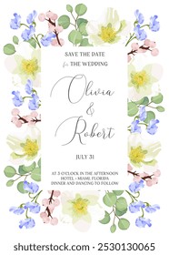 Spring floral vector frame for wedding invitations, banners, or greeting cards. Features white anemones, blue sweet pea flowers, pink berries, and eucalyptus. Ideal for festive events.