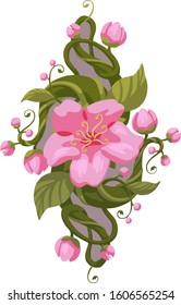 Spring floral vector ornament with a large blossoming sakura in the center, delicate colors on a white background. For greeting cards, as a wallpaper pattern, for wrapping paper