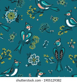 Spring Floral Vector Seamless Pattern with Birds, Flowers and Leaves. Color Summer Flower Background with Songbirds
