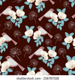 Spring floral vector seamless pattern with birds
