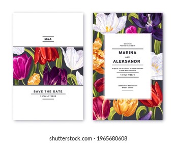 Plantilla de vector floral de primavera. Saludo tulipanes realistas de fondo floral de lujo, concepto de volante para invitación a boda, regalo, tarjeta de saludo, diseño de fiesta moderno, medios sociales, banner publicitario