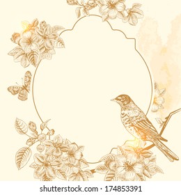 Spring floral vector vintage card with a branch of blossoming apple trees and a bird. Illustration brown on beige background. Victorian style.