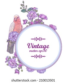 Spring floral vector vintage card with a branch of blossoming roses branch and a bird.  Victorian style. Use for invitations, greeting cards. Delicate invitation with pastel colors. 