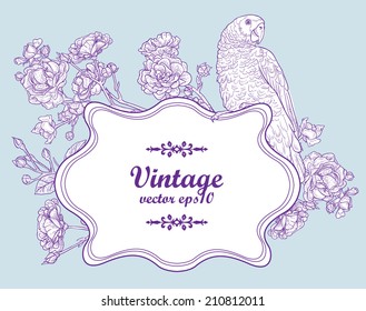 Spring floral vector vintage card with a branch of blossoming roses branch and a bird.  Victorian style. Use for invitations, greeting cards. Delicate invitation with pastel colors. 