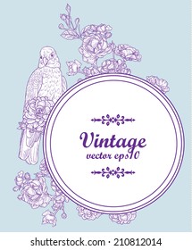 Spring floral vector vintage card with a branch of blossoming roses branch and a bird.  Victorian style. Use for invitations, greeting cards. Delicate invitation with pastel colors. 