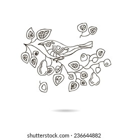 Spring floral vector vintage card with a branch of blossoming pear trees and a bird. Illustration brown on beige background. Victorian style.