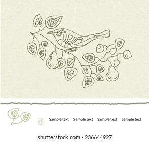 Spring floral vector vintage card with a branch of blossoming pear trees and a bird. Illustration brown on beige background. Victorian style.
