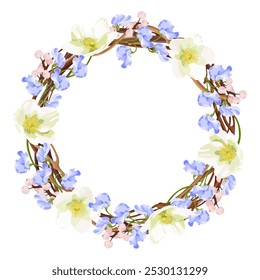 Coroa de vetor floral de primavera para convites de casamento, banners ou cartões de saudação. Apresenta anêmonas brancas, flores de ervilha doce azul, bagas cor-de-rosa e eucalipto. Ideal para eventos festivos.