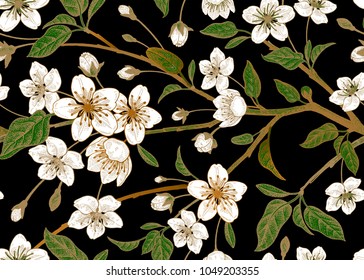 Spring  floral vintage seamless pattern with Japanese cherry. Branches, leaves and flowers of the sakura tree. Oriental style. Vector illustration art. Hand drawing. Sketch. For design textiles, paper