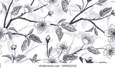 Spring  floral vintage seamless pattern with Japanese cherry. Vector.