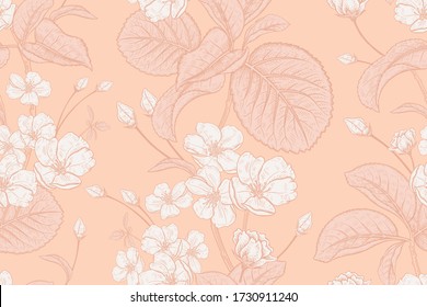 Spring floral vintage seamless pattern. Blooming Japanese cherry. Tree branches, flowers, leaves. Vector illustration. For textiles, paper, wallpaper. White flowers on background color of peach gelato