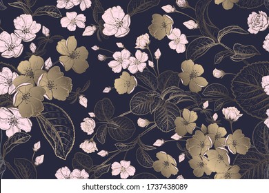 Spring floral vintage seamless pattern. Blooming Japanese cherry. Tree branches and cute bird. Vector illustration. Template for textiles, paper, wallpaper. Pink and gold flowers on black background.