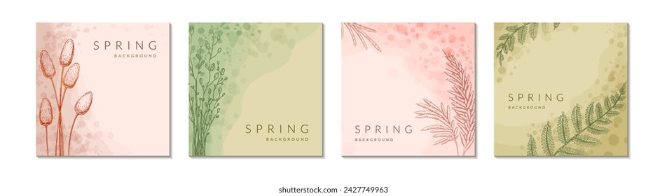 Spring floral watercolor abstract background set. Social media square post template. Spring flower design, greeting card, label, flyer, leaflet, poster. Beauty, spa, jewelry, wedding, fashion, concept