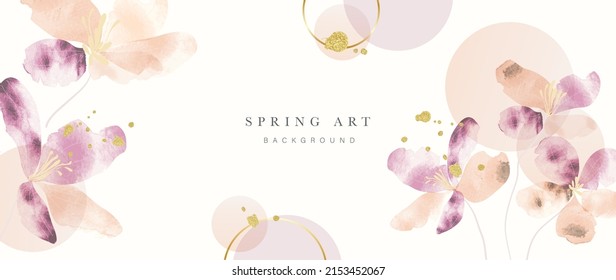 Spring floral in watercolor vector background. Luxury wallpaper design with purple flowers, circles, golden texture. Elegant gold blossom flowers illustration suitable for fabric, prints, cover.