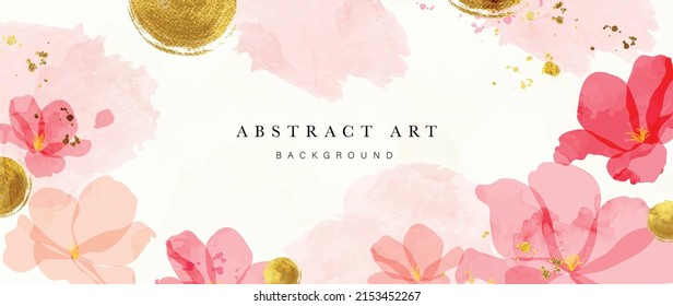 Spring floral in watercolor vector background. Luxury wallpaper design with pink flowers, line art, golden texture. Elegant gold blossom flowers illustration suitable for fabric, prints, cover.