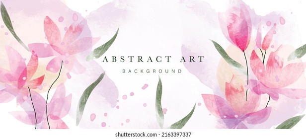 Spring floral in watercolor vector background. Botanical wallpaper design with pink flowers, line art, leaves. Abstract blossom flowers illustration suitable for fabric, prints, cover, decorative.