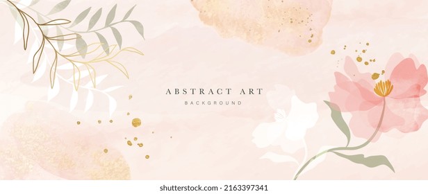 Spring floral in watercolor vector background. Luxury wallpaper design with pink flowers, line art, leaf branch. Elegant gold blossom flowers illustration suitable for fabric, prints, cover.