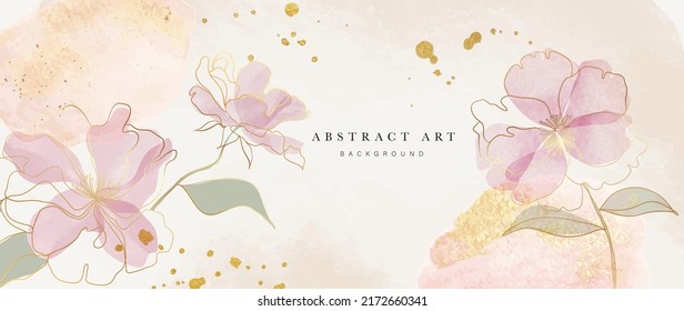 Spring floral in watercolor vector background. Luxury wallpaper design with rose flowers, line art, golden texture. Elegant gold blossom flowers illustration suitable for fabric, prints, cover.