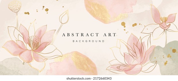 Spring floral in watercolor vector background. Luxury wallpaper design with lotus flowers, line art, golden texture. Elegant gold blossom flowers illustration suitable for fabric, prints, cover.