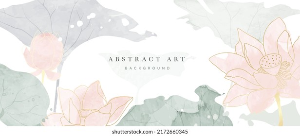 Spring floral in watercolor vector background. Luxury wallpaper design with lotus flowers, line art, golden texture. Elegant gold blossom flowers illustration suitable for fabric, prints, cover.