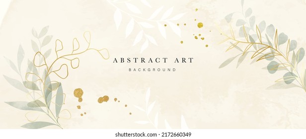 Spring floral in watercolor vector background. Luxury wallpaper design with leaf branch, eucalyptus, line art, golden texture. Elegant gold botanical illustration suitable for fabric, prints, cover.