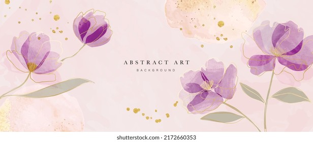 Spring floral in watercolor vector background  Luxury wallpaper design and purple flowers  line art  golden texture  Elegant gold blossom flowers illustration suitable for fabric  prints  cover 