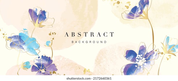 Spring floral in watercolor vector background  Luxury wallpaper design and blue  purple flowers  line art  golden texture  Elegant gold botanical illustration suitable for fabric  prints  cover 