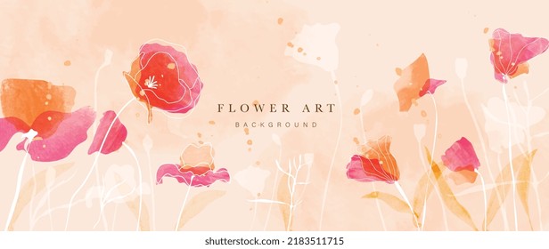 Spring floral in watercolor vector background. Flower garden wallpaper design with red, orange flowers, garden, line art. Blossom botanical illustration suitable for fabric, prints, cover.