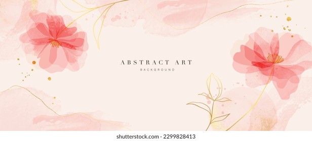 Spring floral in watercolor vector background. Luxury flower wallpaper design with wild flowers, line art, golden texture. Elegant gold botanical illustration suitable for fabric, prints, cover.