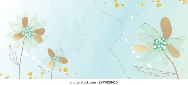 Spring floral in watercolor vector background. Luxury flower wallpaper design with gold wild flower, line art, golden texture. Elegant gold botanical illustration suitable for fabric, prints, cover.