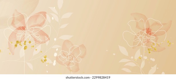 Spring floral in watercolor vector background. Luxury flower wallpaper design with orange wild flower, line art, golden texture. Elegant gold botanical illustration suitable for fabric, prints, cover.