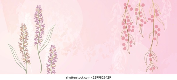 Floral de primavera en fondo vectorial de acuarela. Diseño de papel pintado de flores de lujo con flores de lavanda, arte en línea, textura dorada. Elegante ilustración botánica dorada adecuada para tela, impresiones, cubierta.