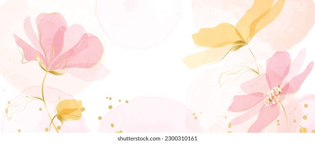 Spring floral in watercolor vector background. Luxury flower wallpaper design with wild flowers, line art, golden texture. Elegant gold botanical illustration suitable for fabric, prints, cover.