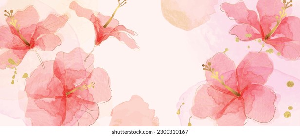 Spring floral in watercolor vector background. Luxury flower wallpaper design with hibiscus flowers, line art, golden texture. Elegant gold botanical illustration suitable for fabric, prints, cover.