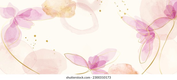 Spring floral in watercolor vector background. Luxury flower wallpaper design with wild flowers, line art, golden texture. Elegant gold botanical illustration suitable for fabric, prints, cover.