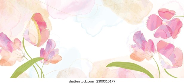 Spring floral in watercolor vector background. Luxury flower wallpaper design with wild flowers, line art, golden texture. Elegant gold botanical illustration suitable for fabric, prints, cover.