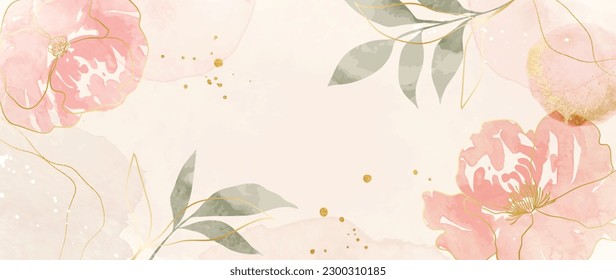 Spring floral in watercolor vector background. Luxury flower wallpaper design with poppy flowers, line art, golden texture. Elegant gold botanical illustration suitable for fabric, prints, cover.