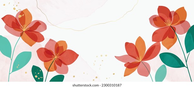 Frühlingsflora auf Vektorhintergrund. Luxuriöse Tapete-Design mit roten Blumen, Linienkunst, goldener Struktur. Elegante goldene botanische Illustration, geeignet für Stoff, Drucke, Deckel.