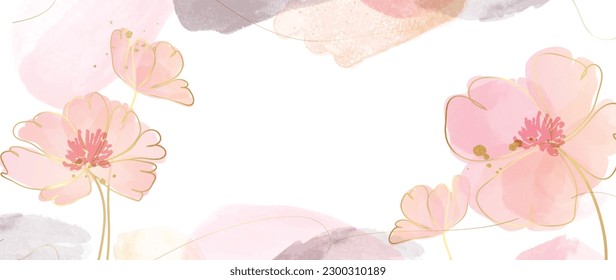 Spring floral in watercolor vector background. Luxury flower wallpaper design with wild flowers, line art, golden texture. Elegant gold botanical illustration suitable for fabric, prints, cover.