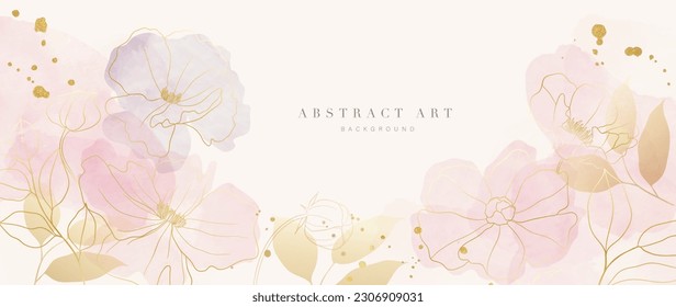 Spring floral in watercolor vector background. Luxury flower wallpaper design with wild flowers, line art, golden texture. Elegant gold botanical illustration suitable for fabric, prints, cover.