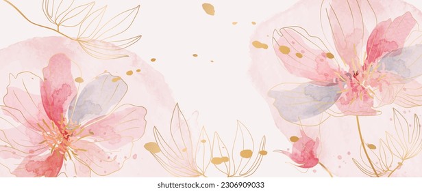 Spring floral in watercolor vector background. Luxury flower wallpaper design with wild flowers, line art, golden texture. Elegant gold botanical illustration suitable for fabric, prints, cover.