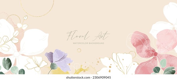 Floral de primavera en fondo vectorial de acuarela. Diseño de papel pintado de flores de lujo con flores silvestres, arte de líneas, textura dorada. Elegante ilustración botánica dorada adecuada para tela, impresiones, cubierta.