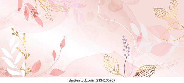 Spring floral in watercolor vector background. Luxury wallpaper design with leaves branch, line art, golden texture. Elegant gold blossom flowers illustration suitable for fabric, prints, cover.