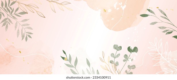 Spring floral in watercolor vector background. Luxury wallpaper design with eucalyptus, line art, golden texture. Elegant gold blossom flowers illustration suitable for fabric, prints, cover.